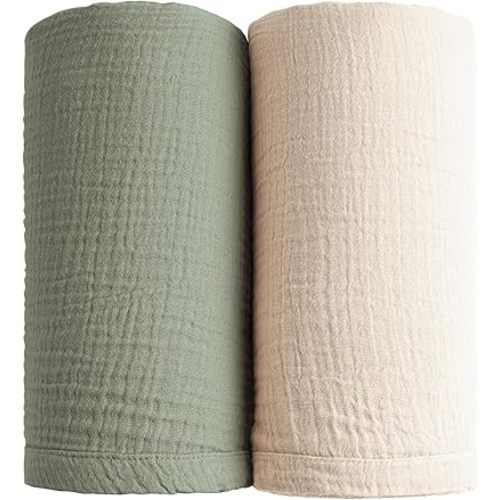 Konssy Muslin Swaddle Blankets for Girls Boys, 2 Pack Receiving Baby Blanket Large 47 x 47 inches, Soft Breathable Swaddling Wrap for Unisex Newborn (Fog Green,Cream)