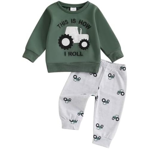 Infant Baby Boy Winter Clothes Long Sleeve Tractor Shirts with Pants 2Pcs Toddler Boy Farm Outfits