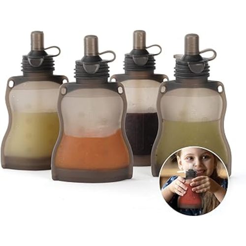 haakaa Silicone Refillable Squeezy Baby Food Yummy Pouch Homemade Organic Food for Babies/Toddlers/Kids, 4 Pack 4 oz, Grey