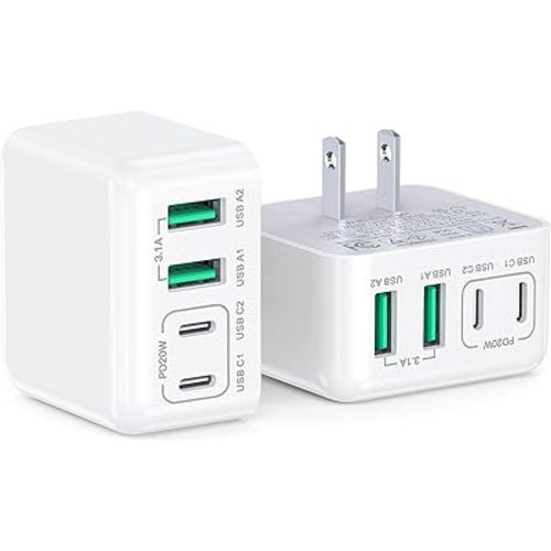 2-Pack USB C Wall Charger,40W USB-C Charger Cube,4-Port Type C Fast Charging Brick Dual PD&QC Wall Plug for iPhone16 15 14 13 12 11 Pro Max XR XS,iPad,AirPods,Iwatch,Huawei, Oneplus,Galaxy