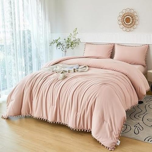 PERFEMET Blush Twin Bed in A Bag for Girls 5 Pcs Boho Pom Pom Bed Comforter Set with Sheets Soft Lightweight Pink Plain Bedding for Kids Teens(Blush, Twin)