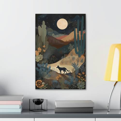 Wolf Moon Desert Print Western Wall Art, Wild West Decor Vintage Cactus Flowers Painting Southwestern Home Decoration Floral Artwork Wallart