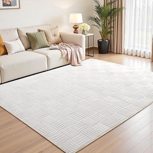 Modern Shag Area Rug, 5 x 7 Feet Cream White Washable Rug for Living Room Bedroom, Soft Thick Fluffy Rug, Non Slip Geometric Textured Carpet, Perfect for Dorm and Home Decor Floor Mat