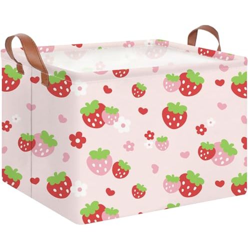 HKEC Rectangle Storage Basket with Handles,Collapsible Kids Toys Bin,Books Box,Gift Basket(Strawberry)