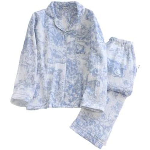 codcm Womens Cotton Pajama Sets Vintage Print Pj Set Button Down Shirt and Pants Sleepwear 2 Piece Fall Lounge Set
