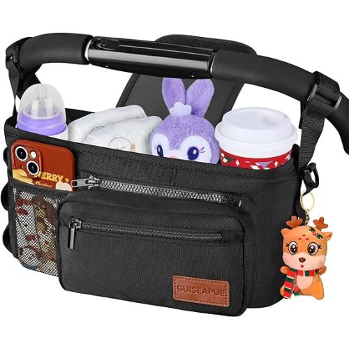 Universal Stroller Organizer with Cup Holder: Baby Essentials, Stroller Caddy Accessories with Detachable Phone Bag, Non-Slip Straps, Fits for Uppababy, Baby Jogger, New Moms Baby Gifts