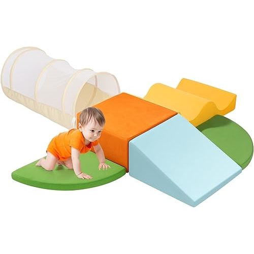 6 Piece Soft Play Foam Climbing Blocks for Toddler 1 Year Old with Tunnel, Baby Climbing Toys for Toddlers 1-3 Inside, Crawl Through Tunnel for Toddler Climbing Toys Indoor