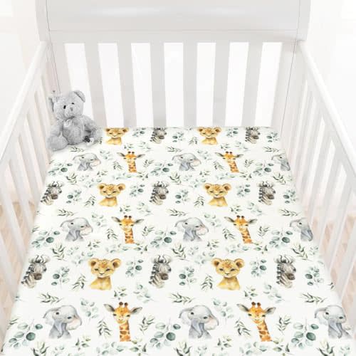 HawSkgFub African Safari Animal Eucalyptus Leaf Fitted Standard Baby Crib Sheet, Neutral Jungle Elephant Giraffe Zebra Lion Toddler Mattress Cover, Soft Stretchy Nursery Bed Sheets Kids Gift 52" x 28"