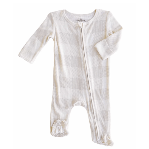 Caden Lane Bamboo Waffle Zipper Footies - Sand Big Check, 3-6 Months
