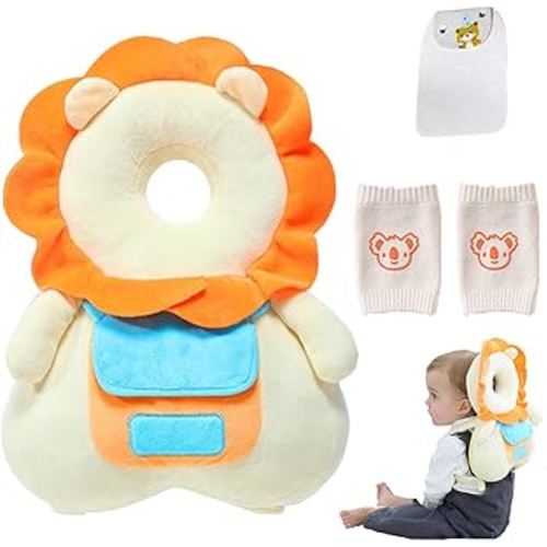 Baby Head Protector, Adjustable Baby Head Protection Backpack with Baby Knee Pads for Walking & Crawling, Soft, Breathable and Wearing Safety Baby Head Protector - Lion