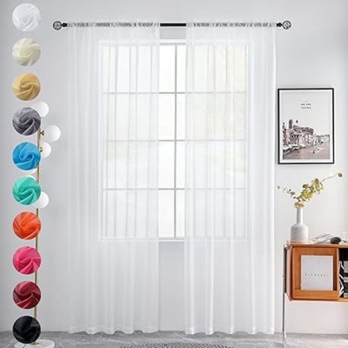 youleyar Solid Sheer Rod Pocket Curtain Voile Draperies 2 Panels White Beige Black Grey Ivory 52 Inch Width 84 Inch Long 1 Pair for Kitchen Bedroom Children Living Room Yard(White,52" Wx84 L)