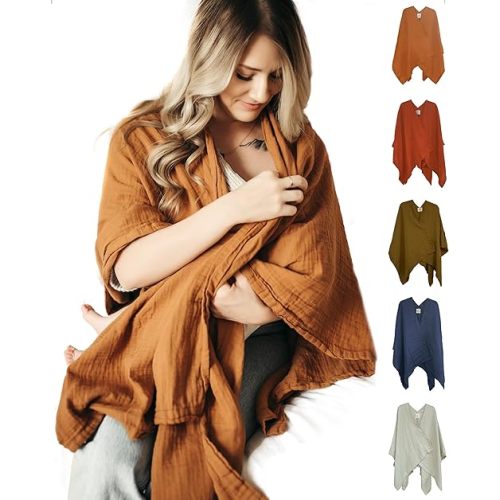 Indi by Kishu Baby GOTS Organic Muslin Nursing Cover Up for Breastfeeding, Breathable Shawl, Scarf, Privacy Nursing Cover for Breastfeeding Moms (Caramel)