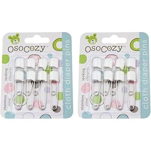 OsoCozy Diaper Pins - (White) - Sturdy, Stainless Steel Diaper Pins with Safe Locking Closures - Use for Special Events, Crafts or Colorful Laundry Pins, 8 Count (Pack of 2)