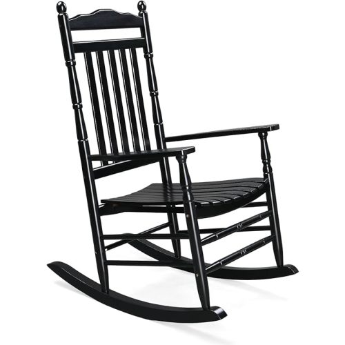 VINGLI Wooden Rocking Chair, Outdoor Chair with 450 lbs Support, Relaxing Rocker with Solid Wood High Back Seat Reclining Seat for Deck, Garden, Backyard, Porch, Indoor or Outdoor Use (Black, 1PC)