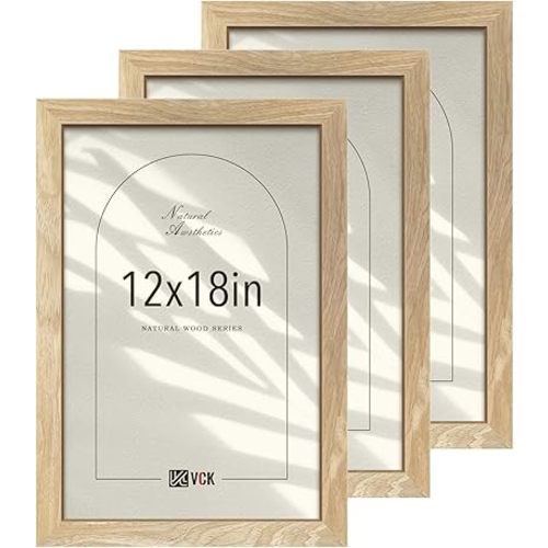 VCK 12x18 Picture Frame 3 Pack, Natural Wood Solid Poster Frames, Textured Exclusive Wood Wall Gallery Frame