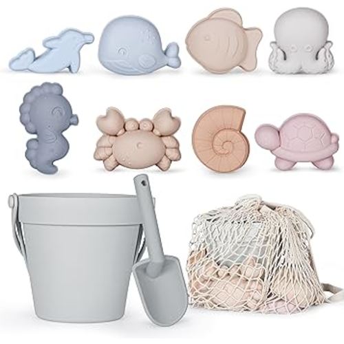 MarcZero 11Pcs Silicone Beach Toys,Modern Baby Beach Toys,Travel Friendly Beach Set,Eco Friendly Toy,Silicone Bucket, Shovel, 8 Sand Molds, Beach Bag,Silicone Sand Toys for Toddlers, Kids (Gray)