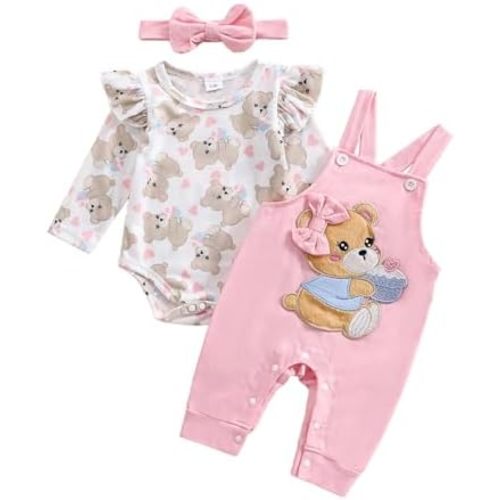 Newborn Infant Baby Girl Outfits Ruffle Bear Long Sleeve Romper Bodysuit Bib Suspender Pants Set Cute Clothes