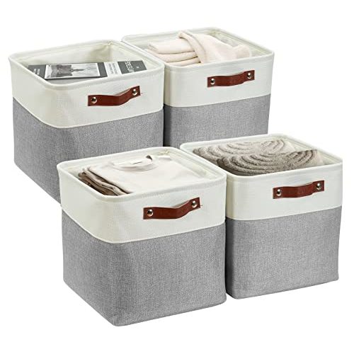 DECOMOMO Cube Organizer Bins 12x12 Storage Cube Bins, Cube Bins Set of 4 White Baskets for Organizing, Storage Boxes Decorative for Organizing Shelf Closet Nursery Toys Bedroom (Grey&White)