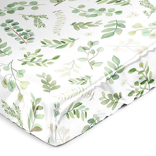Sweet Jojo Designs Green Boho Floral Leaf Boy Girl Gender Neutral Unisex Baby Satin Fitted Crib Sheet Infant Newborn Nursery Toddler Bed Room Standard Mattress Sage White Bohemian Watercolor Botanical