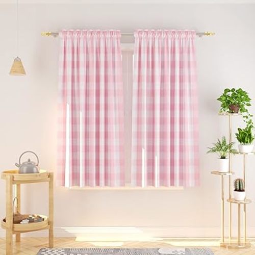Buffalo Check Curtains 54 inches Long Cotton Basement Pink and White Gingham Plaid Kitchen Window Curtain Panels Living Room Checker Drapes Bedroom Rod Pocket Window Treatment 2 Panels
