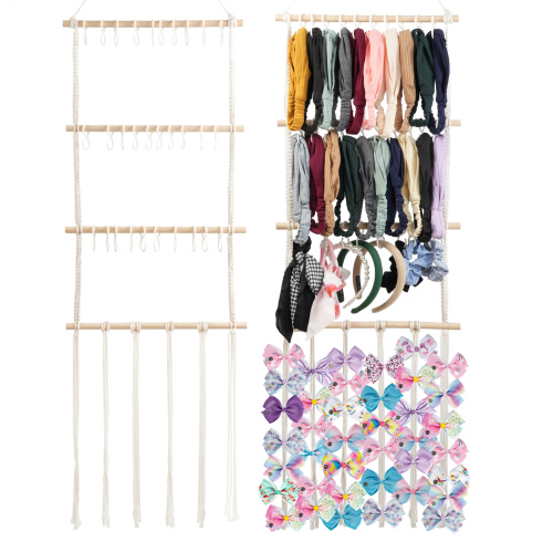 Headband Bow Holder Organizer for Girls, Baby Hair Bows Hanger with 30 Hooks, Hair Clip Accessories Storage Macrame Rack Boho Wall Hanging Decor for Nursery Room