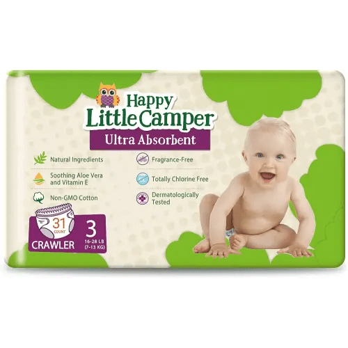 Happy Little Camper Ultra-Absorbent Natural Baby Diapers Size 3 - Hypoallergenic & Chlorine-Free Disposable Diapers Safe for Sensitive Skin - Unscented Crawler Diapers - 31 Count