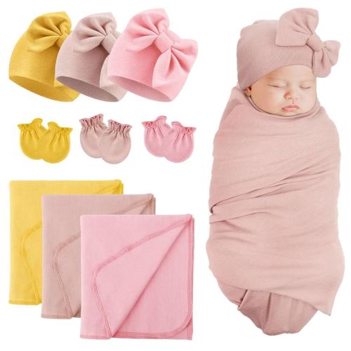 DRESHOW BQUBO Newborn Receiving Blanket Bow Hat Gloves Set Cotton Warm Baby Swaddle Blanket Wrap Baby Sleep Sack Shower Gift