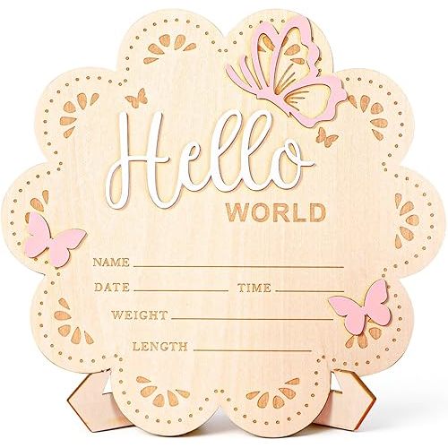 Hello World Newborn Sign, Wood Baby Announcement Sign with Bracket, Personalized Baby Name Announcement Signs for Hospital, Newborn Photography Props