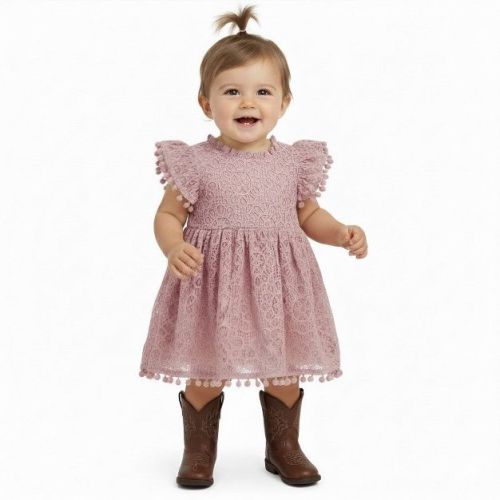 2Bunnies Baby Girls' 3M-2T Lace Pom Pom Trim Girl Dress Dusty Pink 12 months