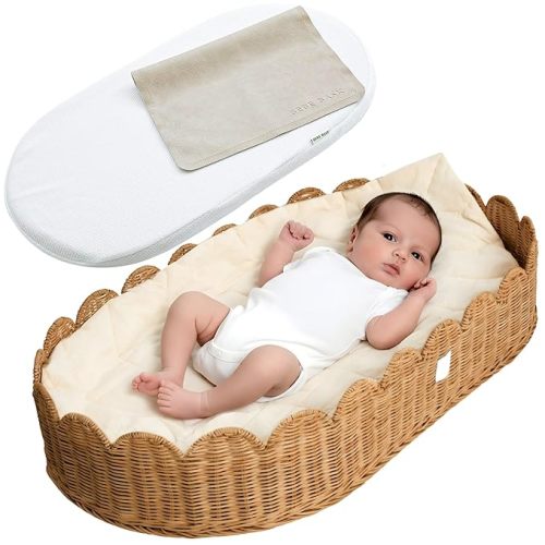 BEBE BASK Premium Baby Changing Basket - Artisan-Crafted Scalloped Rattan - Changing Basket for Baby Dresser - All Accessories Included - Complete Set for Nursery (Mocca)