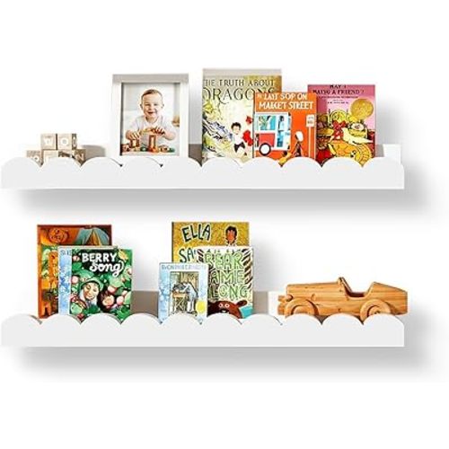 MZJZBN Nursery Floating Shelves for Kids Room, 2 Pack 23.6 Inch White Wall Shelves with Scalloped Edge, Kids Bookshelves for Toddler Bedroom, Playroom, Baby Nursery Decor