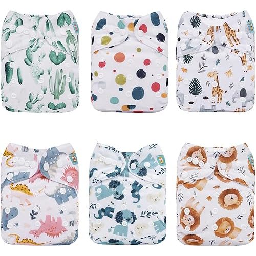 ALVABABY 6 Pack Cloth Diaper with 12 Inserts One Size Adjustable Washable Reusable Diaper Cover for Baby Girls Boys 6DM62-AU