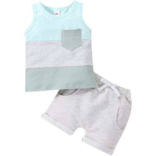 Toddler Infant Baby Boy Summer Shorts Set Sleeveless Striped Tank Tops T Shirt and Solid Shorts Outfit Clothes - A-gray - 12-18 Months