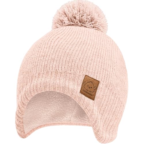 Baby Beanies, Baby Hats for Boys, Girls - Cute Toddler Winter Hat, Soft & Stretchy Beanies for Infant, Newborn 6-36 Months, Cozy & Warm with Earflap Muff & Pom (Blush)