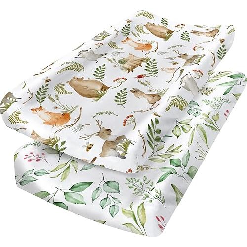Woodland Forest Animals Changing Pad Cover, Neutral Diaper Change Table Sheets, 2 Pack Changing Pad Covers, Unisex Fitted Soft Jersey Knit Change Table Sheets for Boys Girls