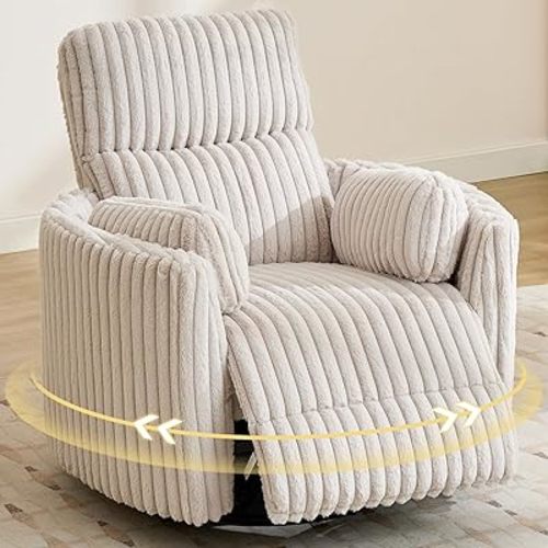 Power Swivel Glider Rocking Recliner Nursery Chair with 2 Pillows, Electric Rocker Reclining Chairs with Type-C & USB Charger Port for Living Room, High Back Barrel Armchair for Bedroom,Corduroy,Beige