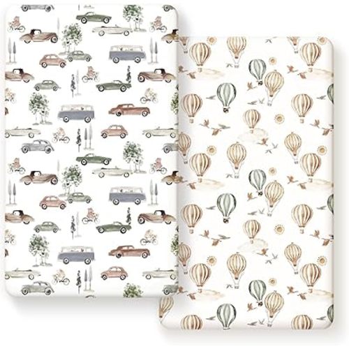 Stretch Ultra Soft Jersey Knit Fitted Crib Sheets Set 2 Pack,Fit All Standard Crib Mattress Pads Safe and Snug, Crib Fitted Sheet for Boys and Girls, Stylish Cars Print Kids Sheets for Boys