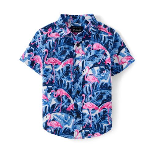 Baby And Toddler Boys Tropical Flamingo Poplin Button Up Shirt - Blue