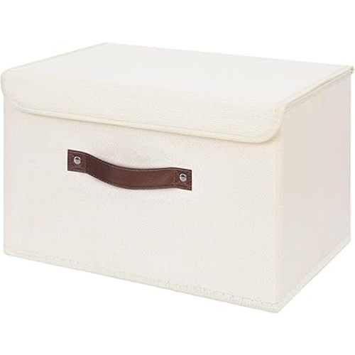 ANMINY Storage Bin with Lid Storage Boxes with PU Leather Handles PP Plastic Board Decorative Foldable Lidded Cotton Linen Fabric Home Cubes Baskets Closet Organizer Container - Beige, Large Size