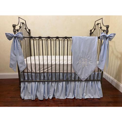 Light Blue Baby Boy Crib Bedding, Gathered Ruffled Crib Skirt, Personalized Baby Blanket