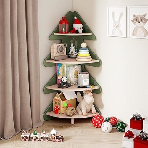 Tree Bookshelf for Kids, 4-Tier Montessori Corner Bookcase, Space-Saving Freestanding Storage Organizer for Books & Toys, Suitable for Kids Room, Playroom, Classroom, Nursery