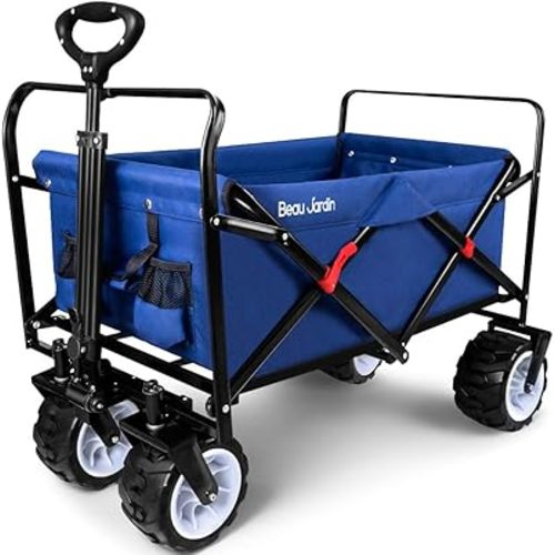 BEAU JARDIN Folding Beach Wagon 350 Pound All Terrain Wagon Collapsible Foldable Wagon Cart with Big Wheels Heavy Duty Utility Grocery Wagon for Camping Garden Sports Blue