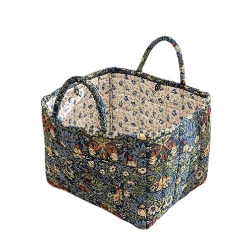 Quilted Fabric Storage Basket with Handles – Boho Foldable Floral Organizer Bin for Home, Picnic, Shopping, Travel 13"x11"x10" (Olive Floral)