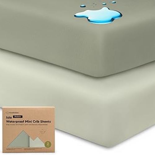 2-Pack Waterproof Pack and Play Sheets, Mini Crib Sheets Fitted for Boy, Girl - 38 x 26 Viscose from Bamboo Pack N Play Mattress Sheets for Graco, Toddler Playard Baby Crib Sheets Neutral (Lichen)