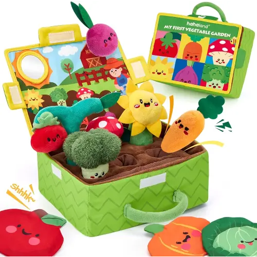 hahaland Baby Toys 6-12 Months - Fruits Vegetables Garden Plant Plush - 6 Month Old Toys Montessori Sensory Toy Carrot Flower with Rattles, Mirror, Squeaker, Textures, Crinkle Tissues for Babies Gifts