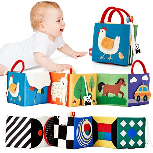 Baby Toys 0-6 Months - High Contrast Newborn Toys - Baby Tummy Time Books 0-6 Months with Crinkle, Squeaky Sounds, Touch Feel, Visual Stimulation - Christmas Baby Shower Gifts
