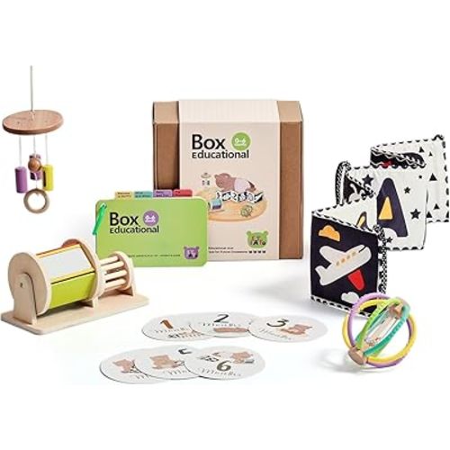 IEATFO Montessori Toys for Babies 0-6 Months, 6-in-1 Newborn Tummy Time Playful Learning Toys with Mobile, Black & White Soft Book, Spinning Rainbow Drum and Rolling Bell, Teether Rattle and More