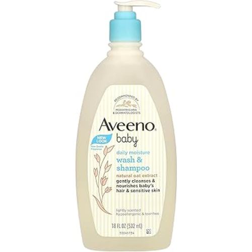 Aveeno Baby Daily Moisture Gentle Body Wash & Shampoo with Oat Extract, 2-in-1 Baby Bath Wash & Hair Shampoo, Tear- & Paraben-Free for Hair & Sensitive Skin, Lightly Scented, 18 fl. oz