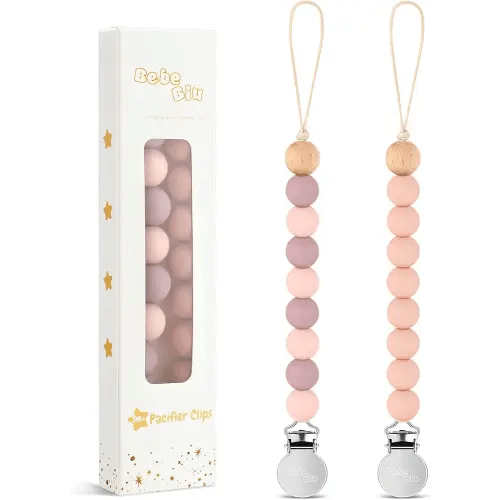 2 Pack Pacifier Clips, Silicone Pacifier Clip for Baby Boys and Girls, Baby Pacifier Strap with Silicone Beads, Soother Dummy Holder, Pacifier Holder, Keeps Pacifier Clean (Mauve/Muted)