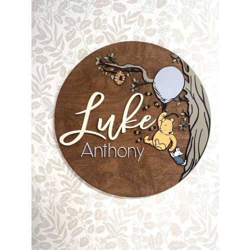 Classic Winnie the Pooh Wooden Name Sign | Round wall decor | Nursery | honey bee | balloon | Baby Shower Gift | Baby | Kids room Decor